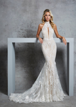 High Neck Ivory Lace Tulle Sexy Open Back Wedding Dress